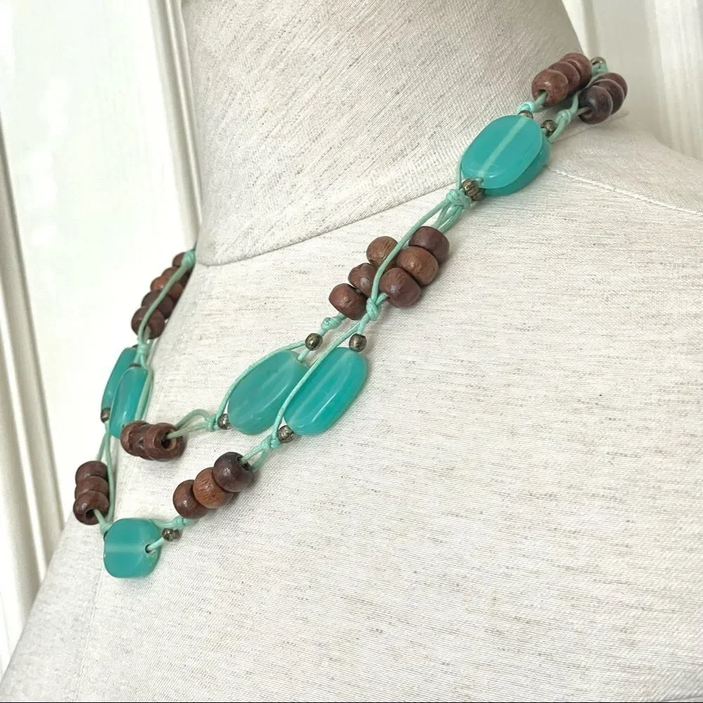 Blue and wood bead double strand necklace